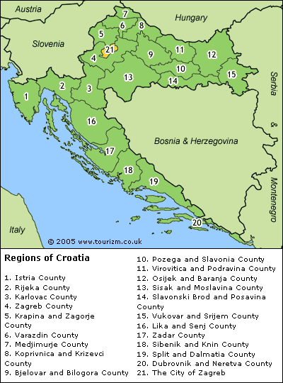 Map of Croatia, showing administrative regions and Capital city of Zagreb